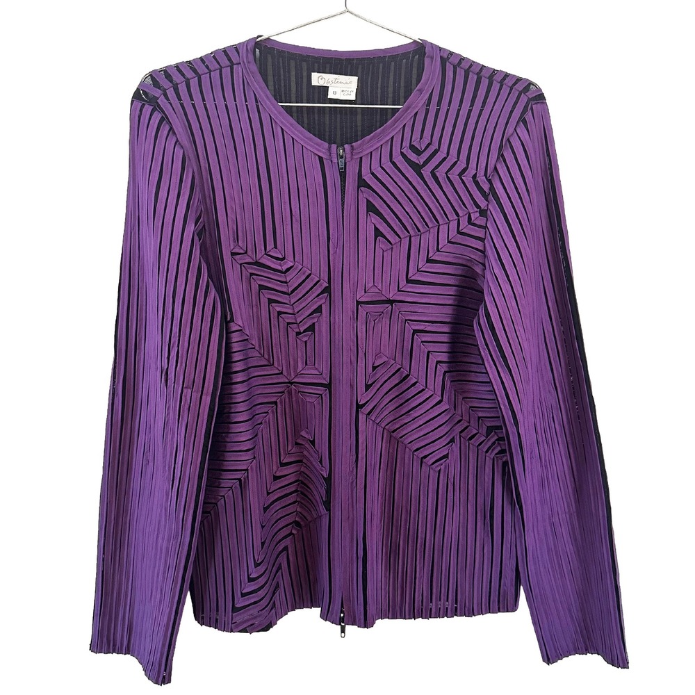 OBSTINEE by IKA 100% Silk Full Zip Ribbon Jacket • 10 • purple black • chic boho